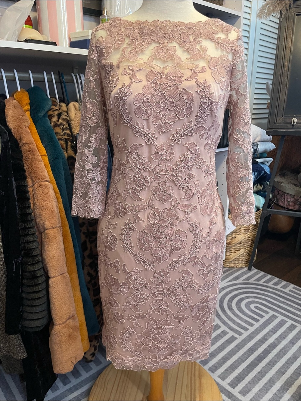 Tadashi Shoji Dusty Rose Lace Sheath Dress - 3/4 Sleeve